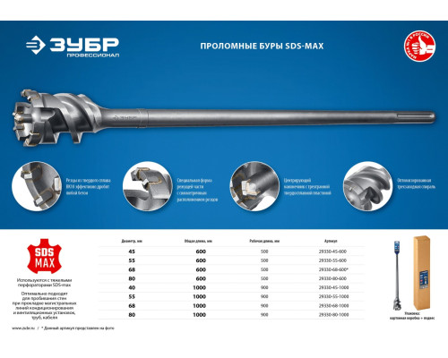 ЗУБР 45 х 500/600 мм, SDS-max проломной бур, Профессионал (29330-45-600)