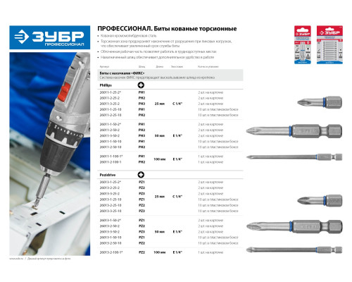 ЗУБР PZ2, 25 мм, 10 шт, торсионные биты (26013-2-25-10)