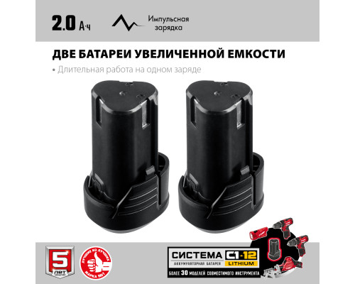 ЗУБР С1-12, 12 В, 80 мм, 2 АКБ (2 А·ч), сабельная пила (СПЛ-125-22)