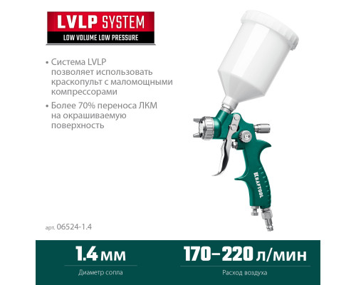 KRAFTOOL AirFlat, LVLP, 1.4 мм, пневматический краскопульт с верхним бачком (06524-1.4)