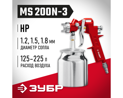 ЗУБР MS 200N-3, 1.2, 1.5, 1.8 мм, пневматический краскопульт с нижним бачком (06457)