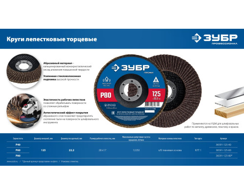 ЗУБР 125 х 22.2 мм, P80, КЛТ, Круг лепестковый торцевой (36591-125-80)