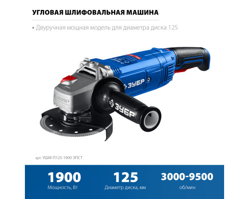 ЗУБР 1900 Вт, d125 мм, УШМ, регулировка оборотов, Профессионал (УШМ-П125-1900 ЭПСТ)