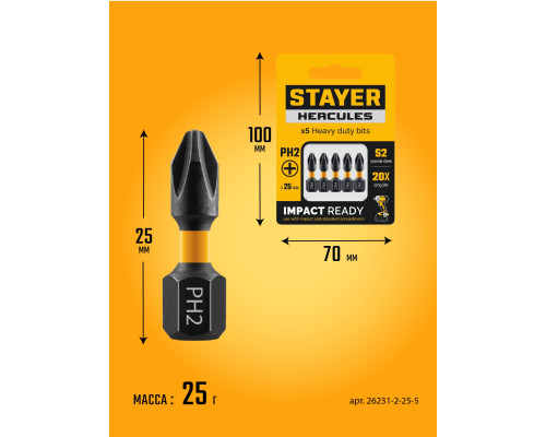 STAYER HERCULES, PH2, 25 мм, 5 шт, торсионные биты (26231-2-25-5)