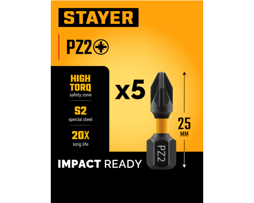 STAYER HERCULES, PZ2, 25 мм, 5 шт, торсионные биты (26233-2-25-5)