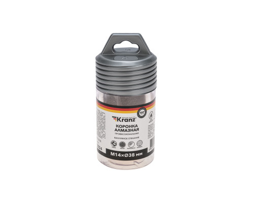 Коронка алмазная профессиональная по керамограниту и железобетону М14, вакуумное спекание, 38мм, для УШМ KRANZ