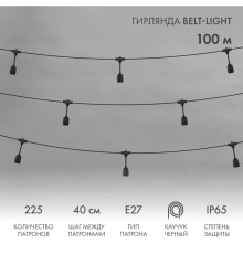 Гирлянда Белт-Лайт 2 жилы, 100м, шаг 40см, 225 подвесных патронов Е27, IP65, черный круглый провод каучук NEON-NIGHT