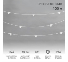 Гирлянда Белт-Лайт 2 жилы, 100м, шаг 40см, 225 патронов Е27, IP65, белый круглый провод ПВХ NEON-NIGHT