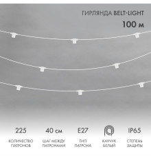 Гирлянда Белт-Лайт 2 жилы, 100м, шаг 40см, 225 патронов Е27, IP65, белый круглый провод ПВХ NEON-NIGHT