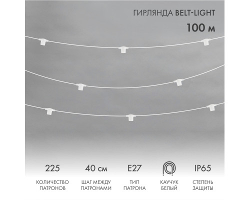 Гирлянда Белт-Лайт 2 жилы, 100м, шаг 40см, 225 патронов Е27, IP65, белый круглый провод ПВХ NEON-NIGHT