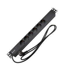Блок распределения питания PDU горизонтальный 1U 6 розеток СЕЕ 7/4 Schuko 16A без выкл алюм корп шнур 2м вилка СЕЕ 7/7 Schuko черный REXANT