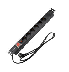 Блок распределения питания PDU горизонтальный 1U 6 розеток СЕЕ 7/4 Schuko 16A фильтр выкл алюм корп шнур 2м вилка СЕЕ 7/7 Schuko черный REXANT
