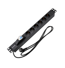 Блок распределения питания PDU горизонтальный 1U 6 розеток СЕЕ 7/4 Schuko 16A автомат защиты алюм корп шнур 2м вилка СЕЕ 7/7 Schuko черный REXANT