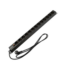 Блок распределения питания PDU вертикальный 13 розеток СЕЕ 7/4 Schuko 16A фильтр без выкл алюм корп шнур 2м вилка СЕЕ 7/7 Schuko черный REXANT