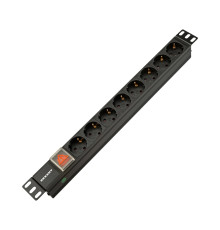 Блок распределения питания PDU горизонтальный 1U 8 розеток СЕЕ 7/4 Schuko 10A выкл алюм корп гнездо C14 черный REXANT