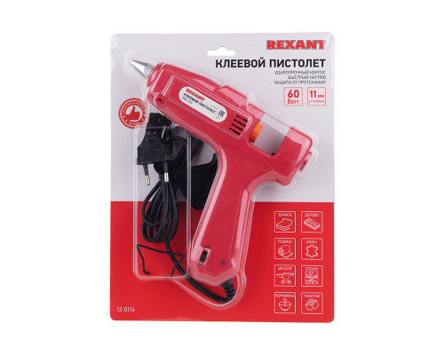 Пистолет клеевой, 60Вт, Ø11мм, с кнопкой, блистер REXANT