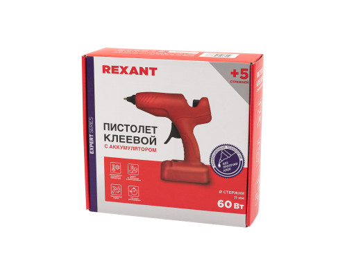 Пистолет клеевой, 60Вт, Ø11мм, ЭКСПЕРТ, аккумуляторный, коробка REXANT