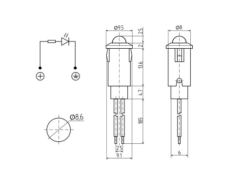 Индикатор ø8 12В с проводом красный с подсветкой (WL-04) REXANT