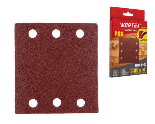 Шлифлист 100х110мм Р80 д/дерева самосцепл. 6 отв. 5шт WORTEX