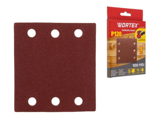 Шлифлист 100х110мм Р120 д/дерева самосцепл. 6 отв. 5шт WORTEX