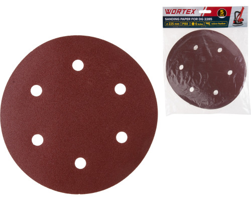 Шлифлист 225 мм Р80 самосцепл. 6 отв. 5 шт. WORTEX для DG 2285