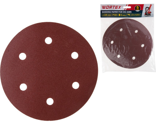 Шлифлист 225 мм Р120 самосцепл. 6 отв. 5 шт. WORTEX для DG 2285