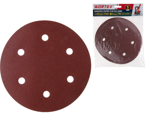 Шлифлист 225 мм Р150 самосцепл. 6 отв. 5 шт. WORTEX для DG 2285